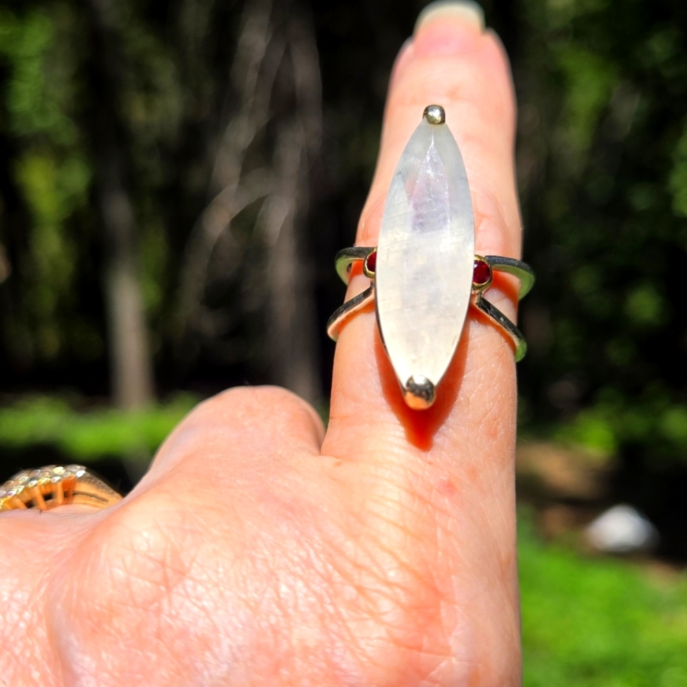 Moonstone 14k & garnet sterling ring sz9 - Picture 1 of 12